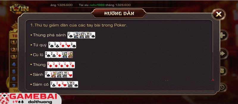 Những tổ hợp bài Poker Iwin Club cơ bản